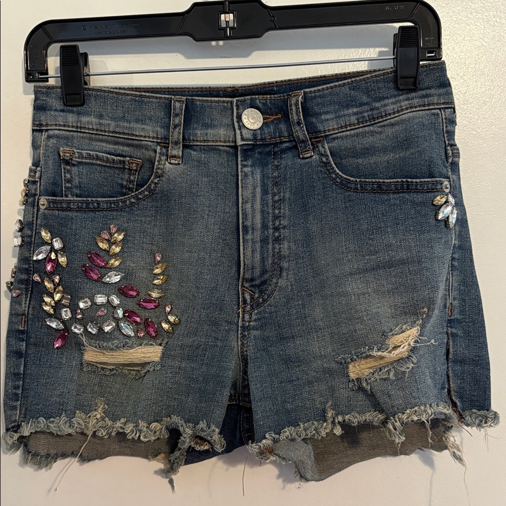 Express Distressed High Rise Boho Cut Off Denim Shorts w/ Rhinestone Details 0 - Picture 4 of 12